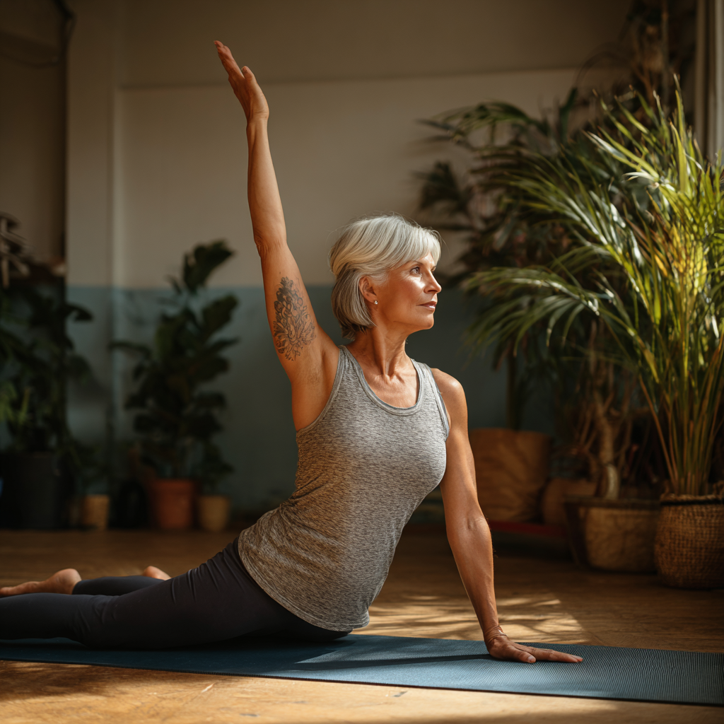 Жінка віком 55 років виконує м'яку позу йоги для новачків на килимку в затишній студії