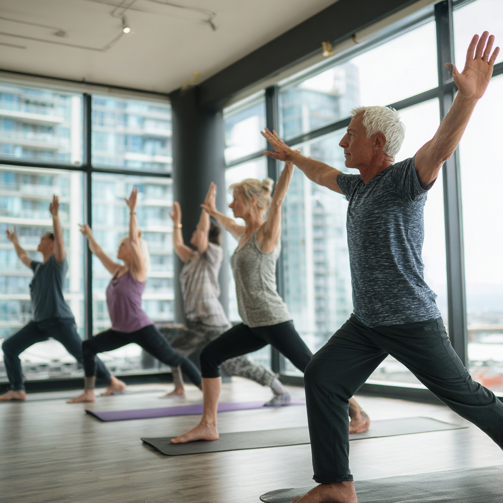 Група людей віком 50-60 років виконує синхронні рухи йоги в просторій студії з великими вікнами